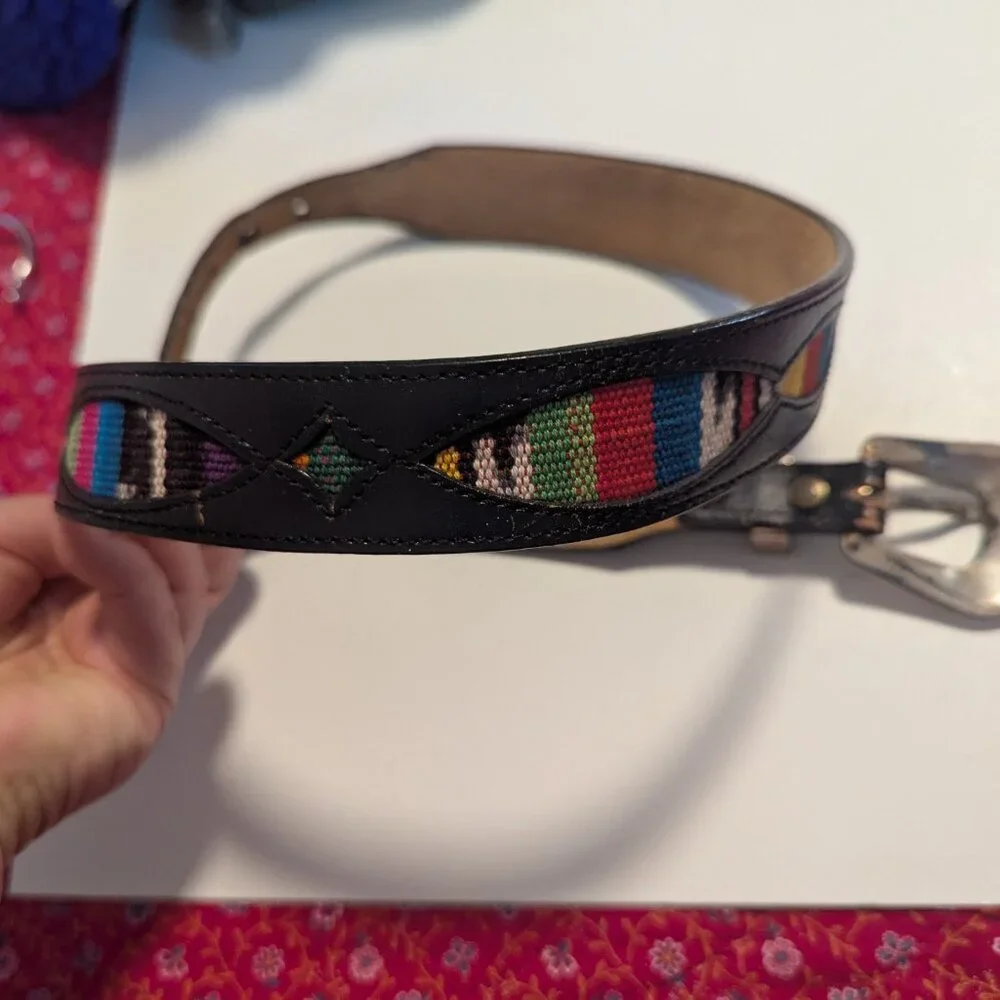 Vintage Silver Creek Leegin‎ Belt Embroidered Leather Western Boho Rainbow